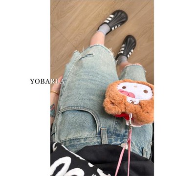 淺色破洞牛仔短褲女高腰夏季新款大碼胖mm寬松顯瘦直筒五分中褲子