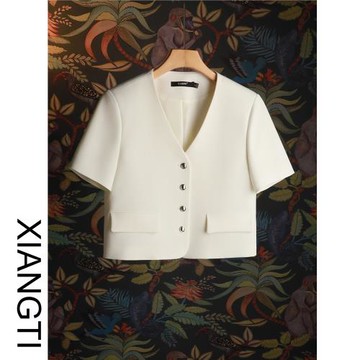 XT短款西裝外套女2025新款短袖夏秋季小個子奶白色夏款休閑無領韓