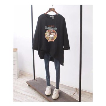 韓國磨毛純棉中長款長袖T恤女秋裝韓版寬松大碼打底衫印花上衣潮