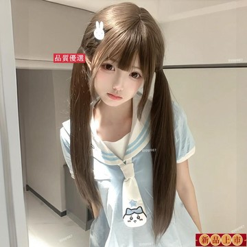 💯桃園出貨🚚假頭髮女黑長直Lolita萌妹少蘿齊劉海棕色70cm直髮雙馬尾jk全頭套 MZJY