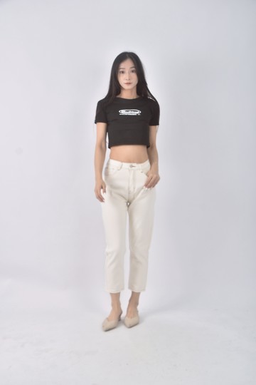 (S) meier q高腰丹寧牛仔質感杏色長褲