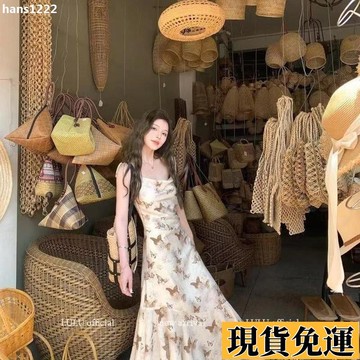 【台灣出貨】 【1000人收藏】複古中式公主吊帶夏季長裙收腰不規則蝴蝶印花長款連衣裙法式僊女