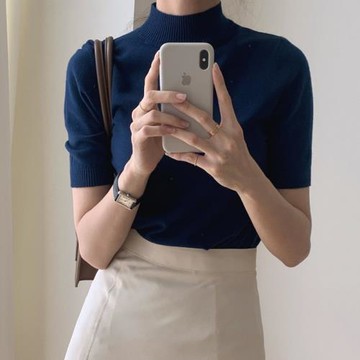 韓國chic夏季氣質百搭半高圓領修身顯瘦純色內搭短袖針織衫T恤女