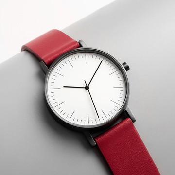 BIJOUONE彼樹灣B001系列深灰表殼白色表盤紅色真皮表帶防水手錶