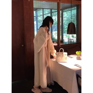 法式復古長款針織外套女寬松慵懶仿貂絨白色毛衣開衫浴袍大衣秋冬