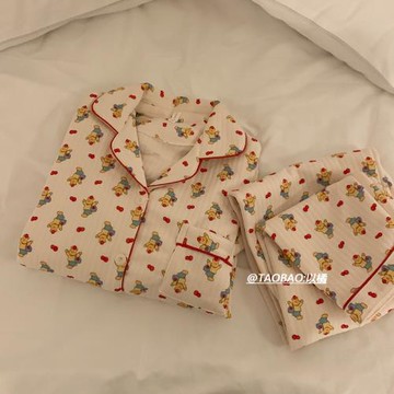 蘋果小熊睡衣女秋冬季空氣棉奶fufu可愛加厚夾層純棉可外穿家居服