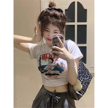 純棉正肩貝蒂短款露臍短袖t恤女夏季美式辣妹風純欲獨特別致上衣