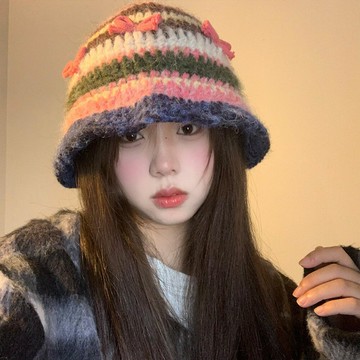蝴蝶結條紋拼色針織漁夫帽女秋冬季保暖護耳毛線帽字顯臉小盆帽潮