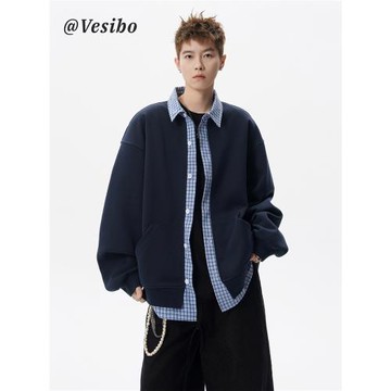 美式假兩件開衫衛衣男冬季潮牌拼接翻領休閑外套高街百搭情侶襯衫