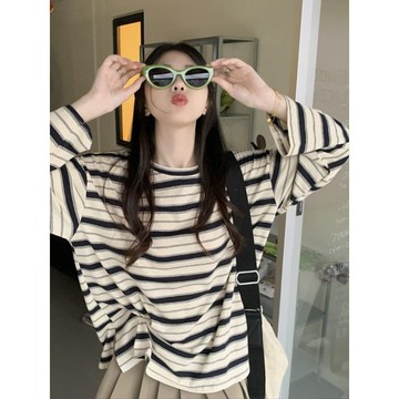 🔥熱賣款🔥圓領條紋長袖t恤女秋冬新款設計感休閒學生寬鬆顯瘦開叉上衣
