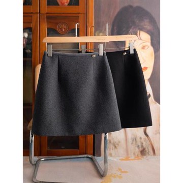 深灰色羊毛呢半身裙女秋冬釘扣高腰A字氣質黑色短裙帶防走光內襯