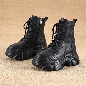 松糕底馬丁靴女冬季新款英倫風厚底真皮中筒靴子增高瘦瘦短靴歐貨