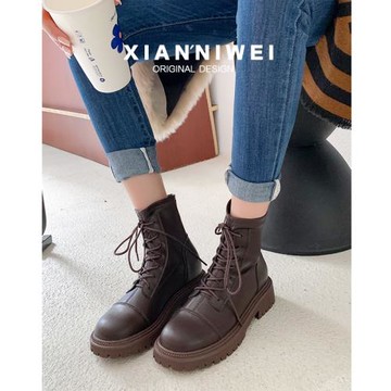 英倫2025秋冬新款馬丁靴前系帶厚底彈力顯瘦網紅靴粗跟平跟女短靴