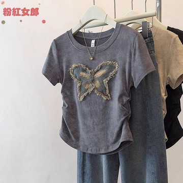 短袖T恤女夏季新款大碼微胖妹妹修身顯瘦獨特別致百搭蝴蝶小上衣 大尺碼女裝 短袖上衣 氣質上衣 設計感上衣 韓版上衣