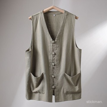 🔥臺灣出貨🔥【2722人好評】夏季亞麻薄款中國風坎肩棉麻盤口馬甲中老年寬鬆大碼馬甲唐裝馬褂