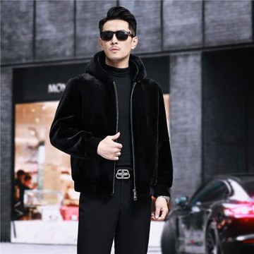 天鵝絨水貂皮草外套男整貂皮毛一體冬季海寧短款真金貂絨爸爸大衣