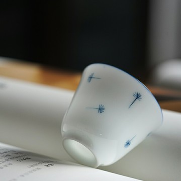 羊脂玉白瓷創意手繪蒲公英主人杯功夫茶具陶瓷單杯茶盞簡約品茗杯