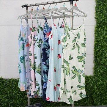 夏棉綢人造棉女款吊帶睡裙家居裙 圓領無袖印花甜美中裙12-1