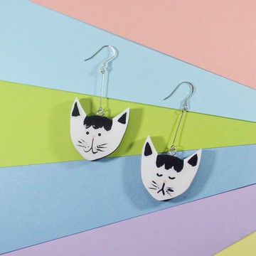 森林童話 貓咪先生雙面長款耳環耳夾 手繪木製 樹脂封層 大