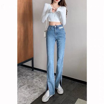 開叉牛仔褲女長褲高腰顯瘦淺色喇叭褲年新款夏天薄款寬松褲子