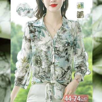 雪紡水墨花卉印花綁帶荷葉七分袖襯衫(2色) M-3XL【962175X】【現+預】☆流行前線☆
