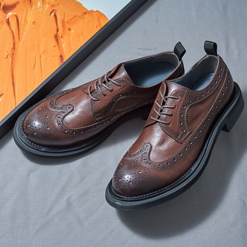 英倫圓頭布洛克雕花韓版男士潮流商務休閑皮鞋大頭增高厚底婚禮鞋