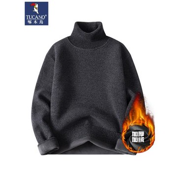 啄木鳥高領內搭復古2025冬季毛衣寬松男士純色一體絨打底衫男休閑