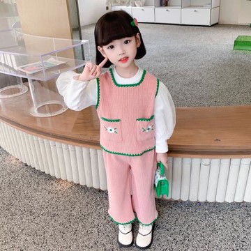 女小童春季闊腿褲套裝韓版背心馬甲泡泡袖打底衫寶寶春秋三件套潮