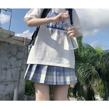 【M-5XL大尺碼】大尺碼女裝 套裝裙 夏季裙子 寬鬆顯瘦 胖mm大碼日系可愛軟妹可愛小兔兔印花T恤短袖jk百褶格裙兩件