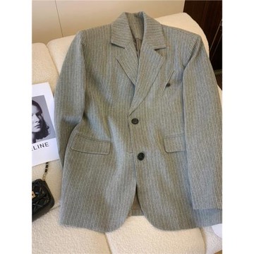 2025秋冬新款灰色條紋小西裝紐扣外套女小眾休閑高級長袖西服上衣