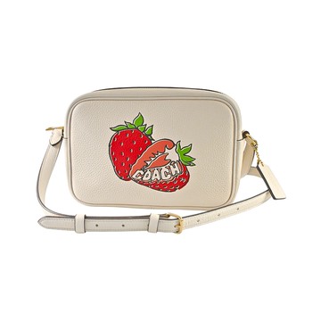 COACH草莓圖印白堊色荔枝紋真皮斜背相機包