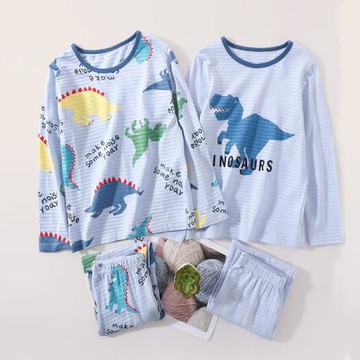 兒童純棉家居服套裝春夏薄款空調服男童竹節棉長袖長褲寶寶睡衣褲