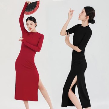 現代舞蹈練功服側開衩修身連衣裙女長袖顯瘦針織長款舞蹈演出服裝