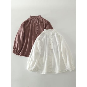 日系木耳花邊立領純棉雙層紗襯衫女文藝寬松大碼顯瘦百搭長袖上衣