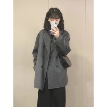 韓系高級感氣質灰色寬松呢子大衣小個子搭配顯高毛呢外套女中長款