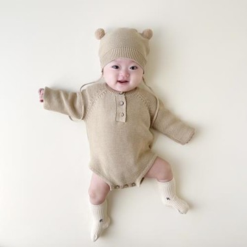 韓版ins新生嬰兒秋裝針織連體衣男女寶寶可愛小帽子包屁爬服毛衣
