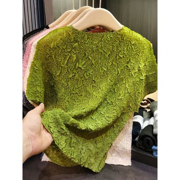 設計感重工燙鉆壓花褶皺短袖T恤通勤百搭純色上衣女夏季新款
