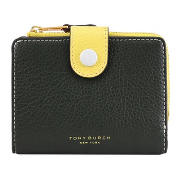 TORY BURCH 152910 燙金LOGO撞色款扣式零錢短夾.深綠/黃
