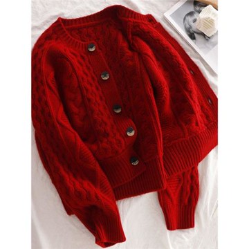 2025超火紅色毛衣女秋冬季粗線針織開衫高級感超好看外套復古上衣