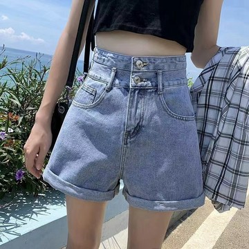 S-2XL 牛仔短褲女 高腰顯瘦闊腿褲 雙排扣卷邊女短褲夏天黑色a字褲薄