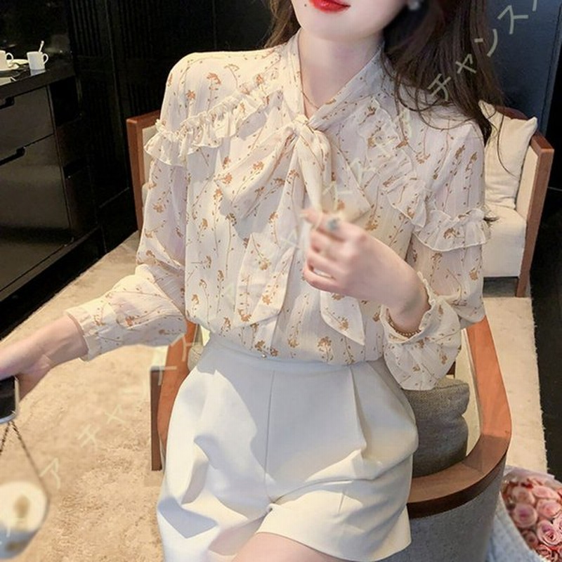 ブラウス レディース トップス 長袖 花柄 ハイネックブラウス スーツインナー 大人 シフォンブラウス ボウタイ シャツ エレガント フリル 立ち襟 通販 Lineポイント最大get Lineショッピング