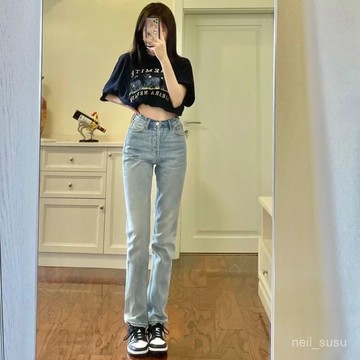 P3-【限時特賣】牛仔褲女 牛仔長褲 高腰牛仔褲 牛仔寬褲 高腰褲 長褲女 2024年春季新款高腰顯瘦淺色彈力修身直筒牛