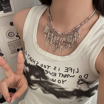 【台灣公司 可打統編】免運 甜酷辣妹彩色串珠十字架流蘇項鏈女氣質多層項鏈配飾鎖骨鏈飾品女 可開發票 全館五折 工廠現貨直銷 新品特價 z9211