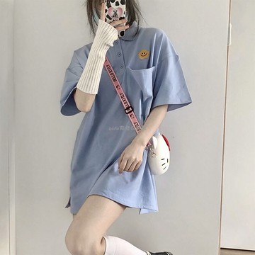 polo翻領短袖連衣裙女新款夏季ins潮設計感寬松百搭裙子