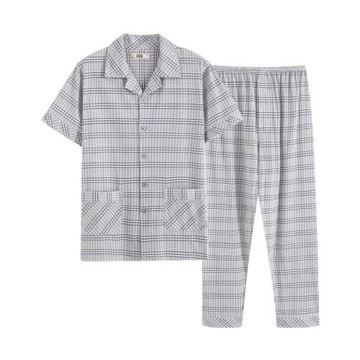 夏季薄款純棉短袖長褲情侶睡衣套裝中老年情侶睡衣全棉男女家居服