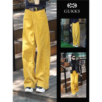 GUKKS燈芯絨長褲女黃色2025春季新款休閑褲拉鏈直筒寬松顯瘦褲子