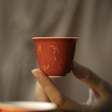 墨己 郎紅燙金品茗杯功夫茶具 家用秋水蘭花陶瓷茶杯國風喝茶小杯子myg8021