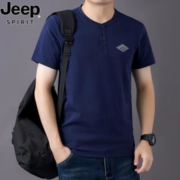 JEEP短袖t恤男士圓領打底衫春夏新款運動休閑三粒扣體恤男裝上衣