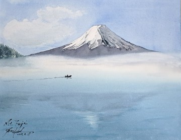 富士山手繪水彩畫(含畫框)
