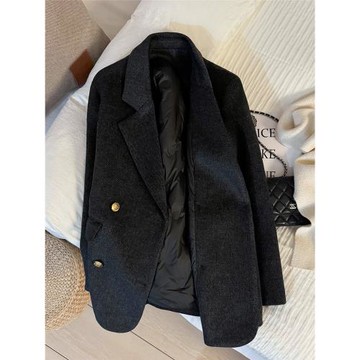 深灰色斜紋羽絨內膽毛呢西裝外套女2025新款冬季高級感保暖小西服